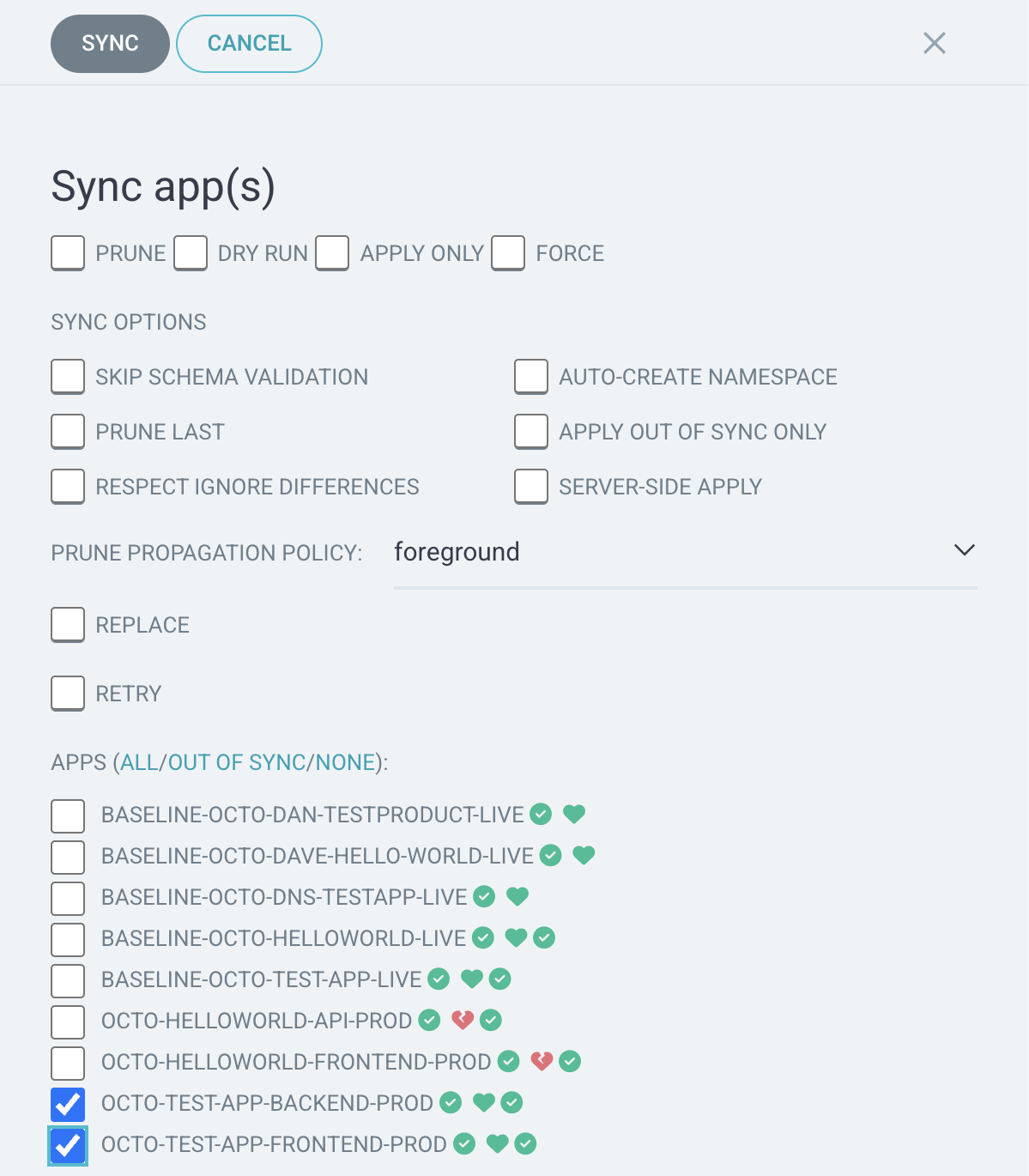 The Argo CD sync dialog on the live hub, with every sync option left unticked and two Applications selected for release